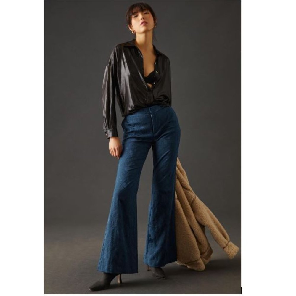 By Anthropologie Damask Jacquard Flare Pants in Navy - Size 6 - NWT